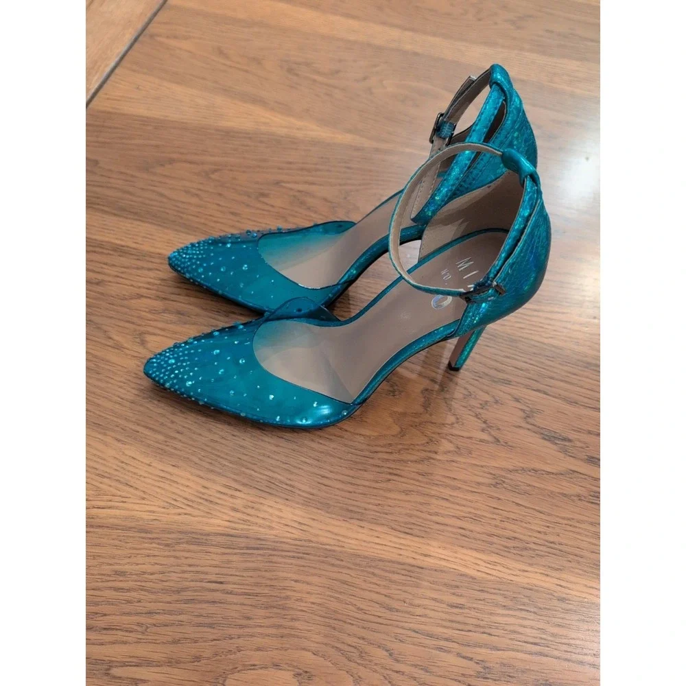 Mix No 6 Arlette Blue & Rhinestone Sparkling Shimmer Ankle Wrap Stiletto Heel 7M